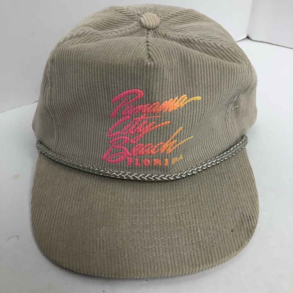Vintage Corduroy Baseball Cap Hat Panama City Beach Florida Beige and Neon Print - Picture 1 of 8